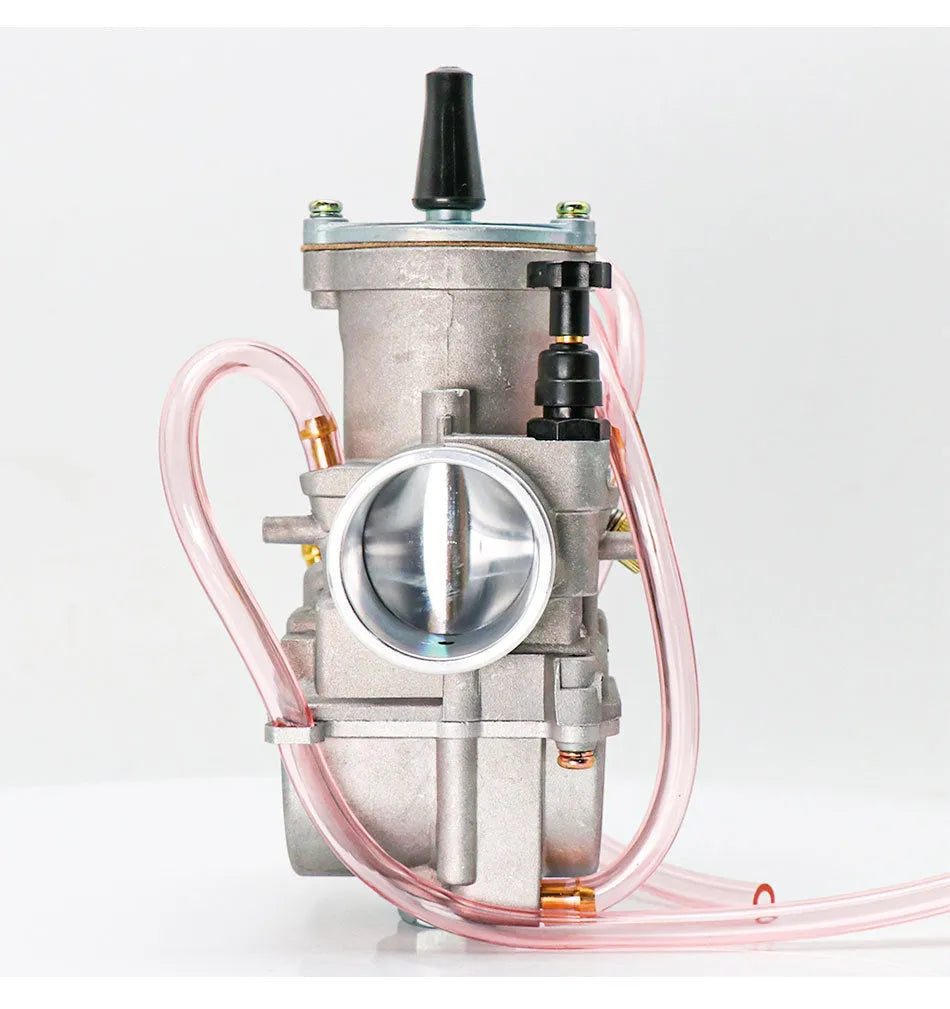 Sandblasted aluminium PWK motorcycle carburetor showing seven available bore sizes from 21mm to 34mm.