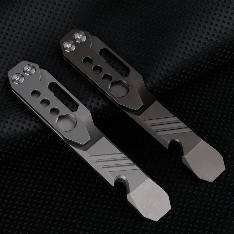 Titanium alloy multi-function crowbar tool with bottle opener and screwdriver, in gun grey finish.