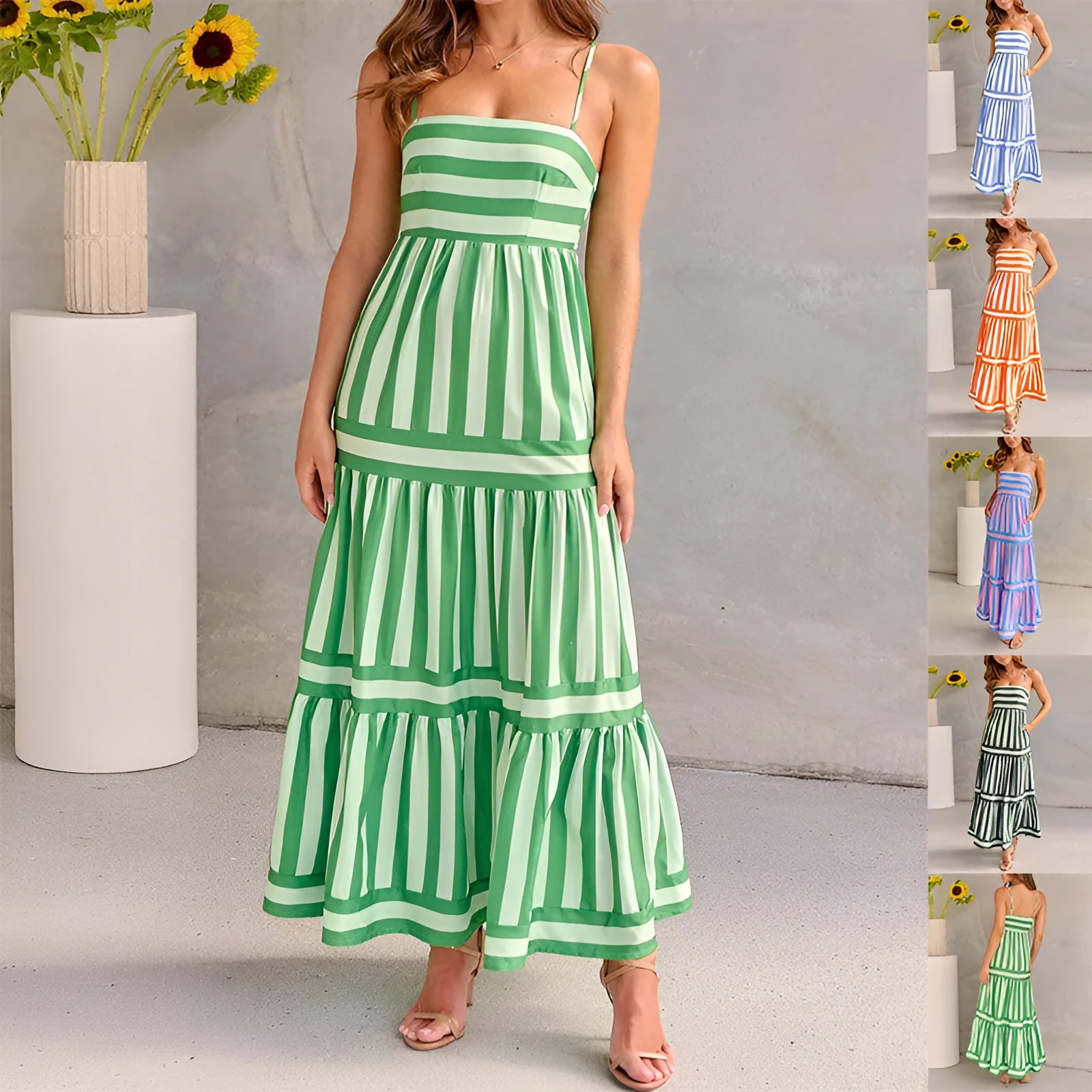Women's striped backless summer dress with square neckline and side pockets in stretch fabric