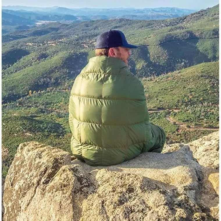 Army green outdoor portable down shawl camping blanket, 140 x 200cm, shown folded and worn over shoulders