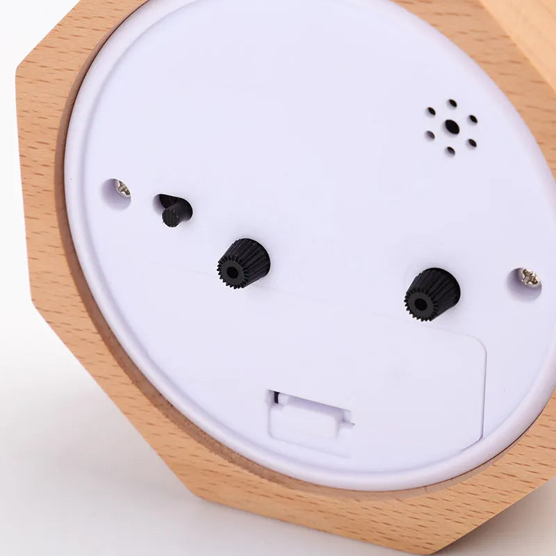 Nordic beech wood hexagonal luminous alarm clock with white face and wood shell
