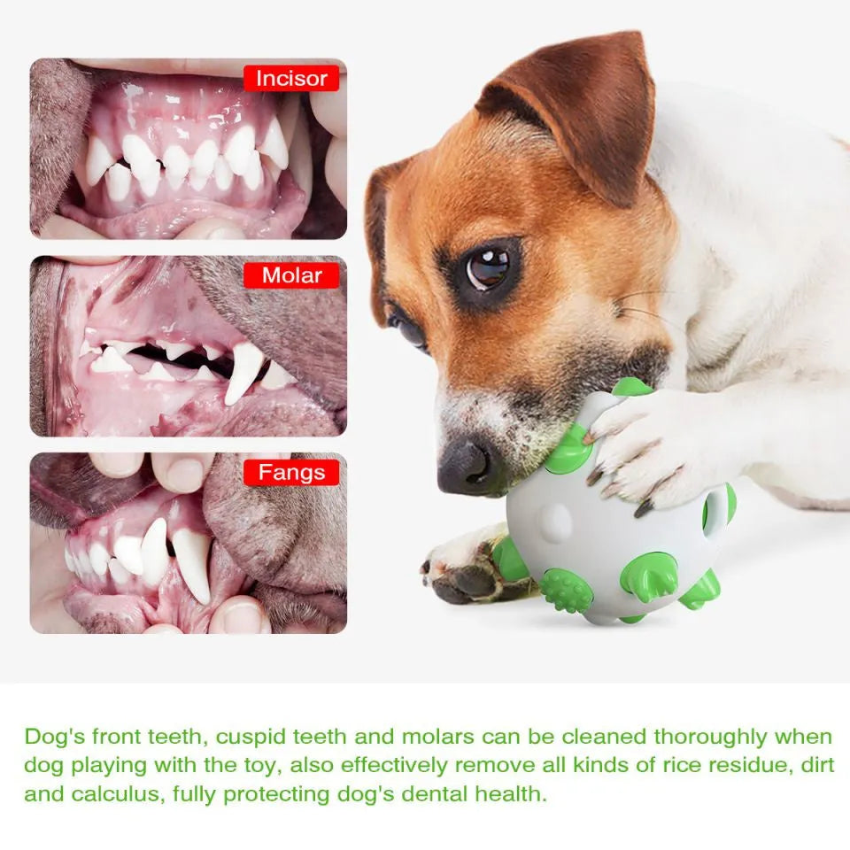 Blue green and yellow dog teething chew ball with textured bumps and hollow treat compartment