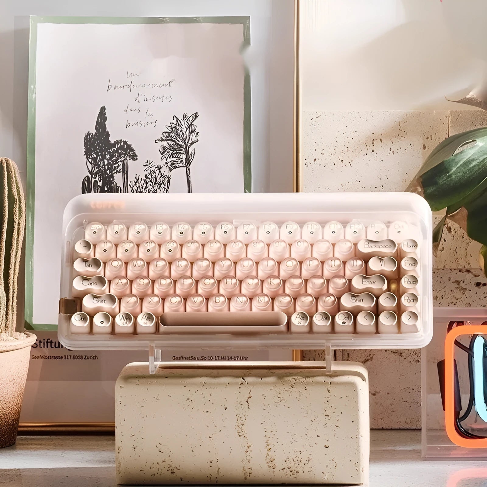 Liquid foundation colour wireless mechanical keyboard bundle with mouse, lamp, and calculator on a desk.