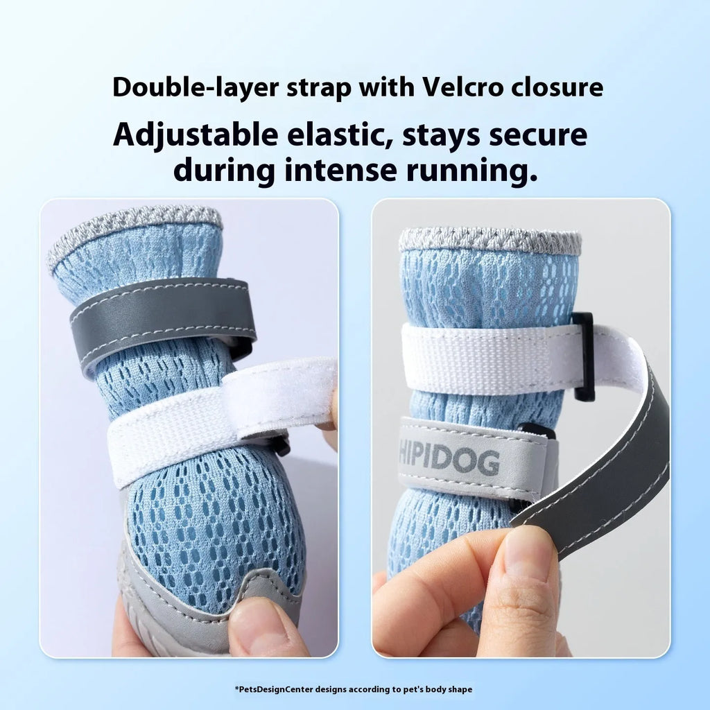 Pair of blue cartoon-style dog shoes with a wear-resistant sole for summer pavement protection.