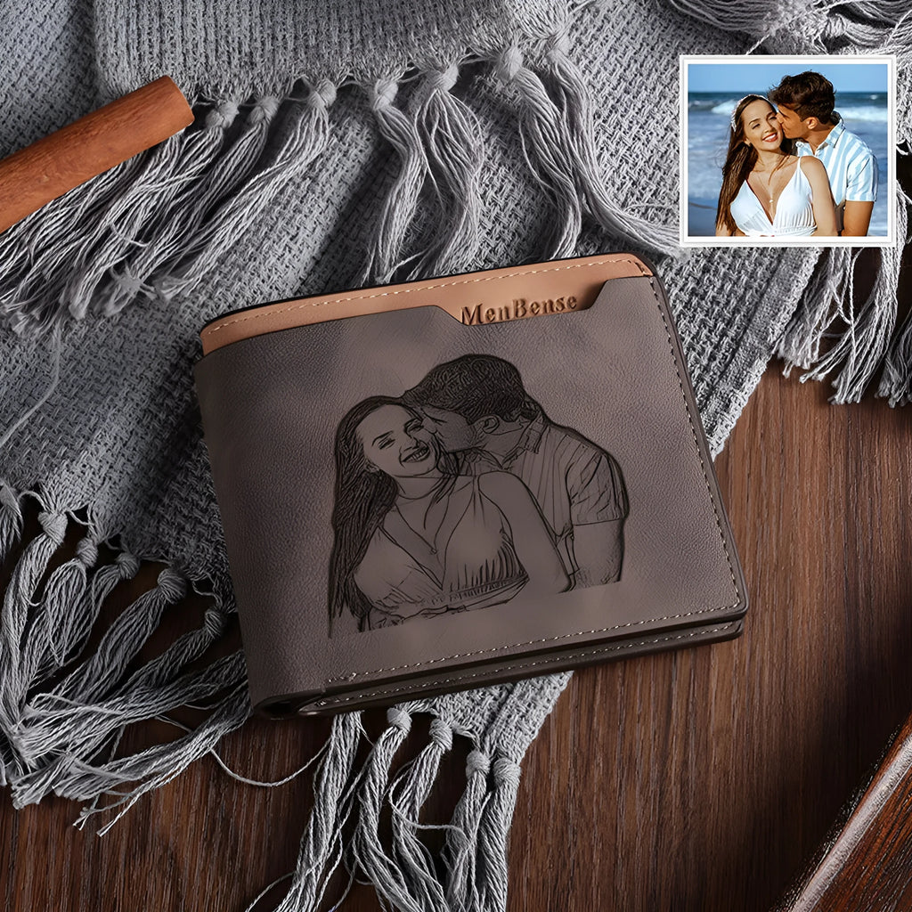 Engraved coffee-coloured PU horizontal wallet showing personalised lettering.