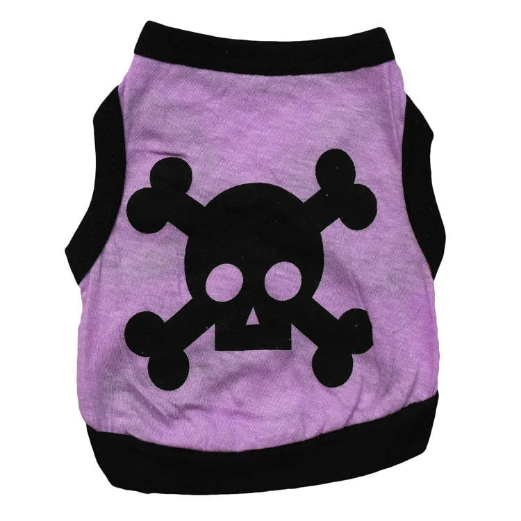Set of five blue, orange, and purple cotton dog vests with Halloween skull bones pattern.