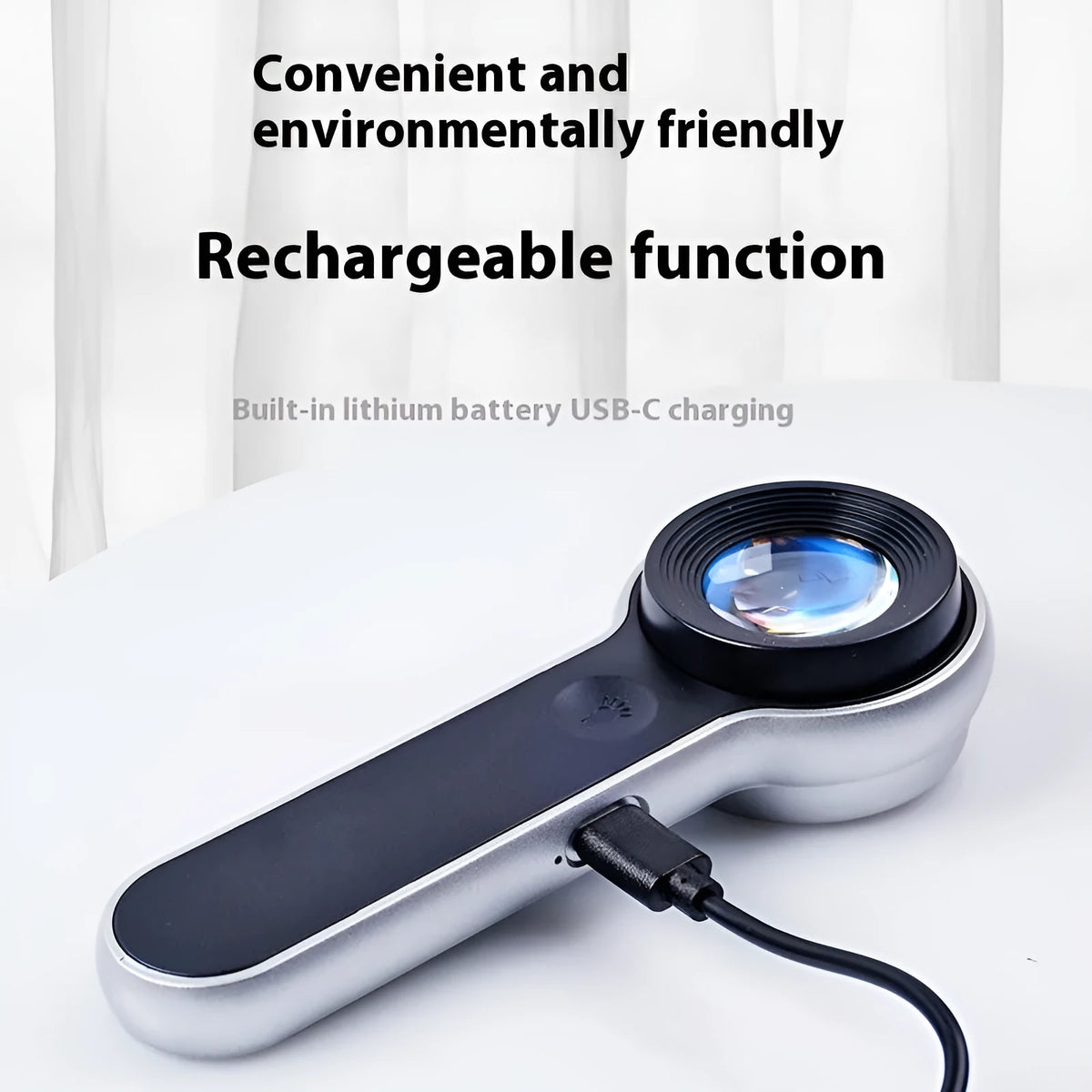 60x LED magnifying glass with USB charging, silver finish, showing 30mm lens and button control
