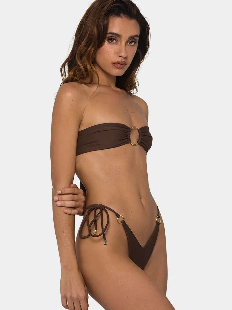 Brown women's tube-top bikini with adjustable ring-tether straps and push up padding.