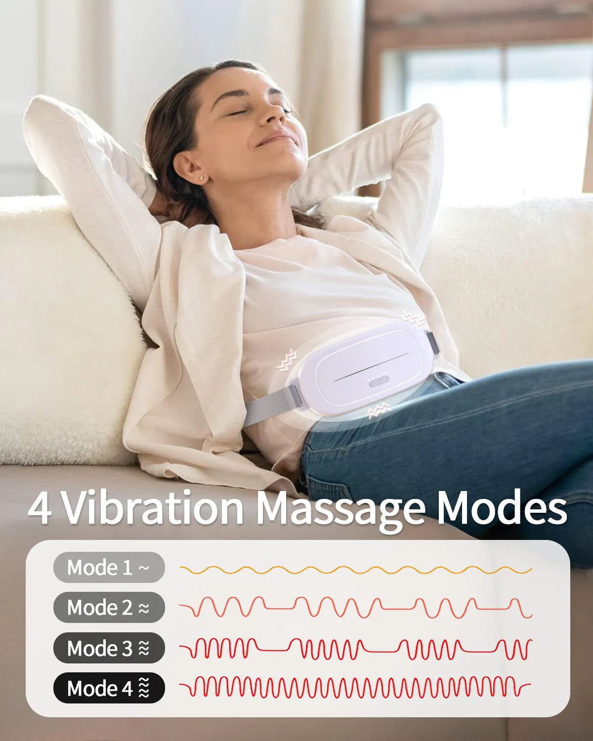 White single-use uterine warming adhesive device with battery for lower abdomen heat therapy.