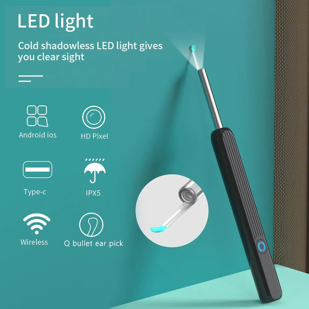 NE3 wireless ear cleaner otoscope with camera, spoon heads, and charging cable on white background