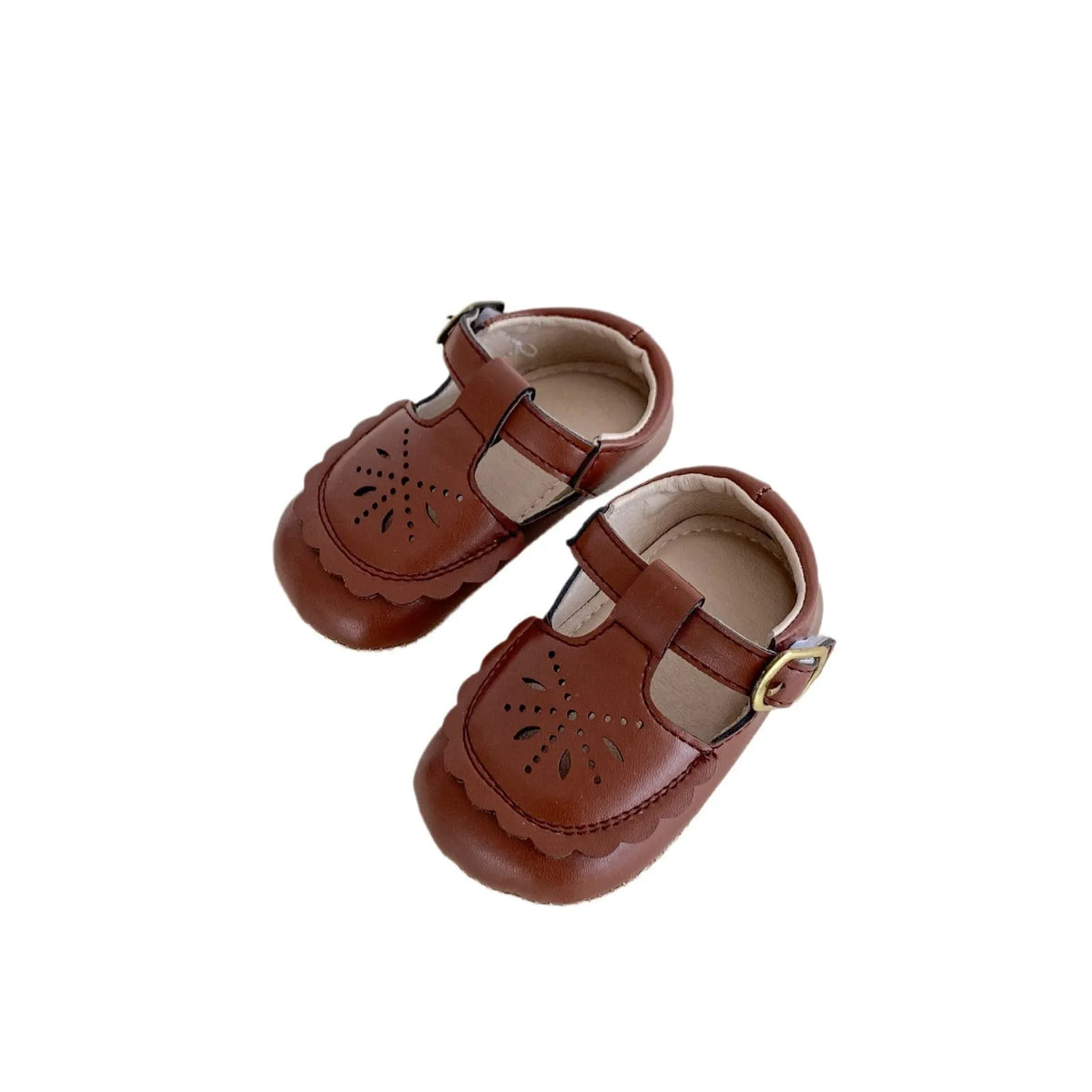 Girls' non-slip summer shoes with hollow out PU upper, rubber sole and buckle fastening, in black, khaki, beige or brown, sizes S to L.