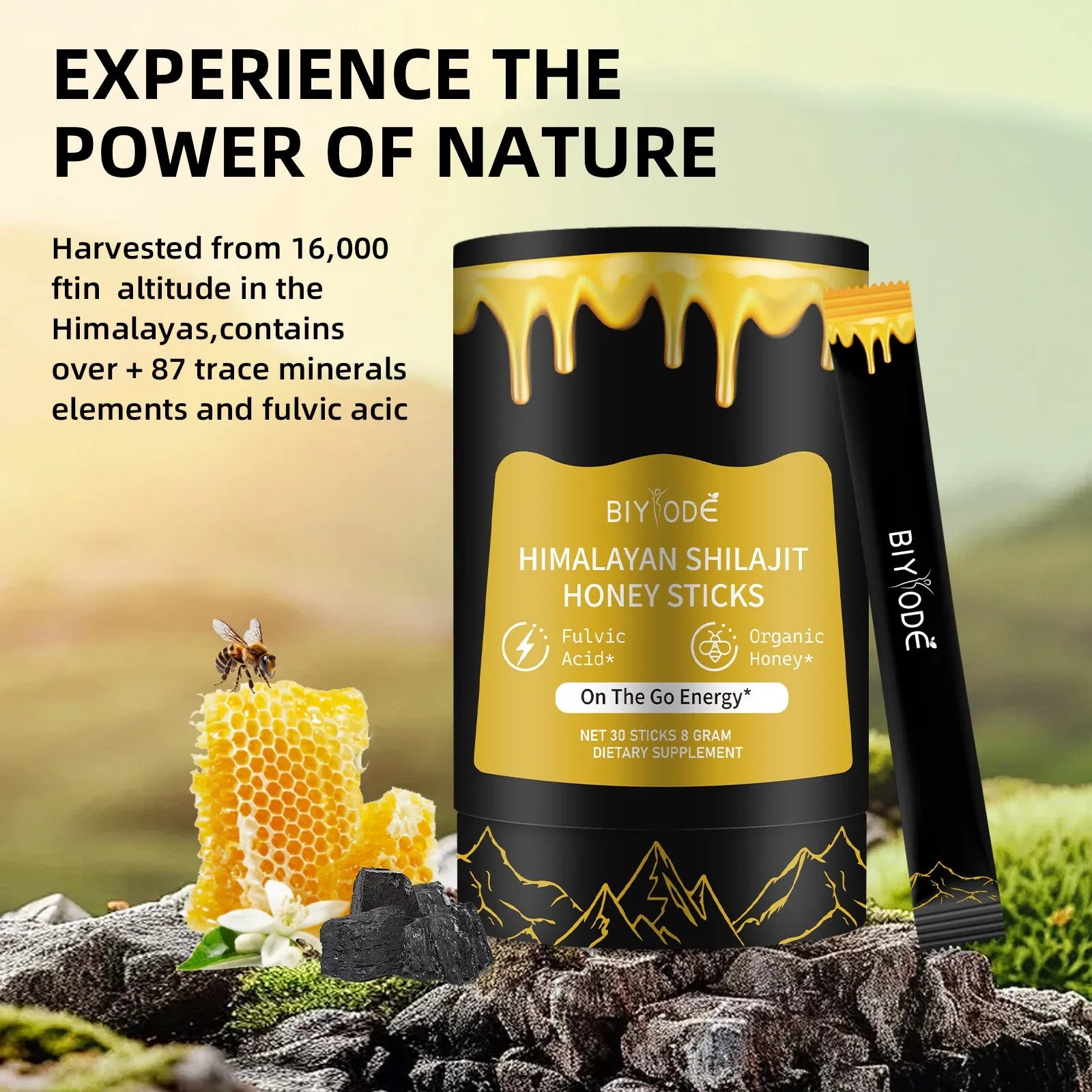 Shilajit honey sticks in bottle with gold colour resin sticks for daily energy supplement