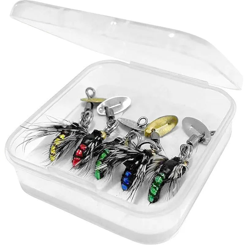 Five bionic poison mosquito fishing hooks with spinning sequins in multicolour patterns
