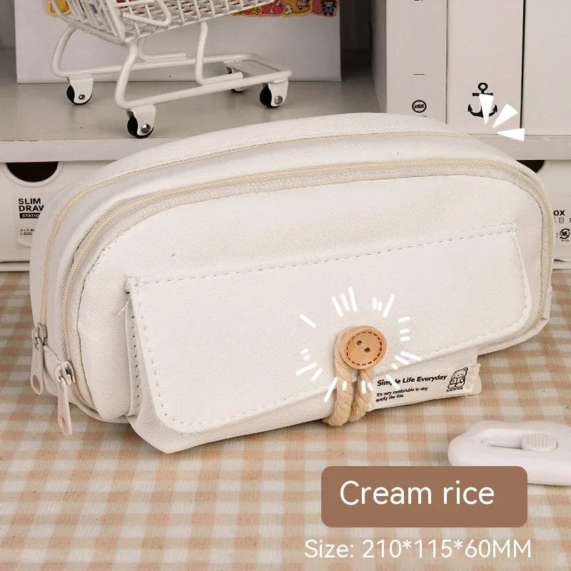 Korean-style large capacity canvas pencil case in green, beige, blue, and grey colour options.