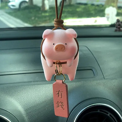 Glossy resin cartoon pig ornament for car dashboard decoration, shown in one of eight available character styles.