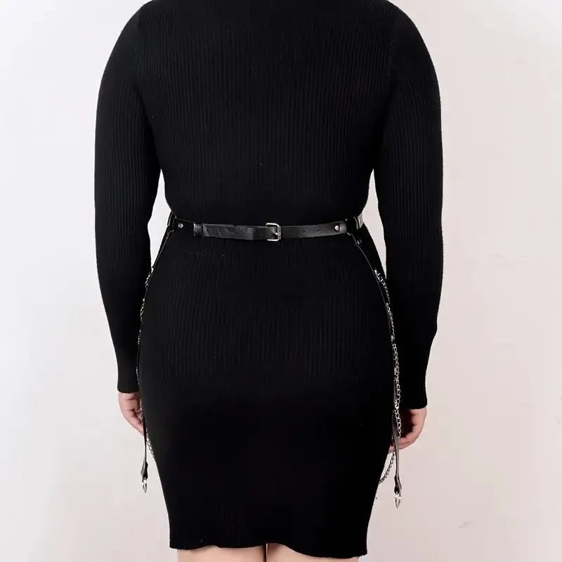 Black PU leather adjustable waist chain with metallic chain detailing for women