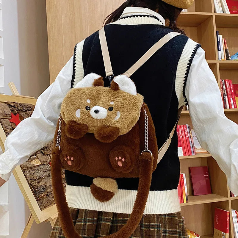 Brown coati plush backpack with polyester lining, 26cm high, 27cm wide and 10cm thick, cartoon soft bag