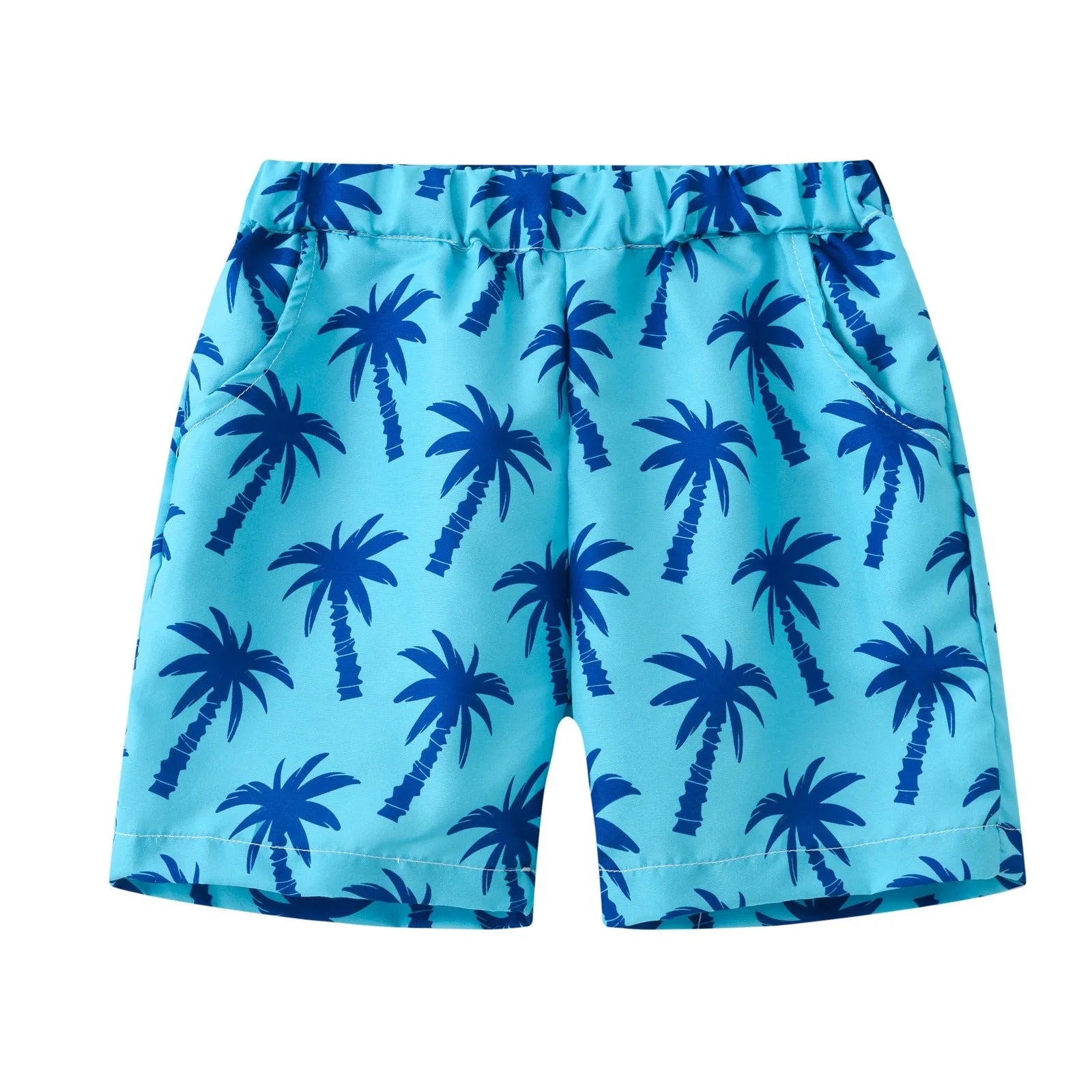 Children's elastic waist beach shorts with colourful coconut tree print, shown in shorts length.