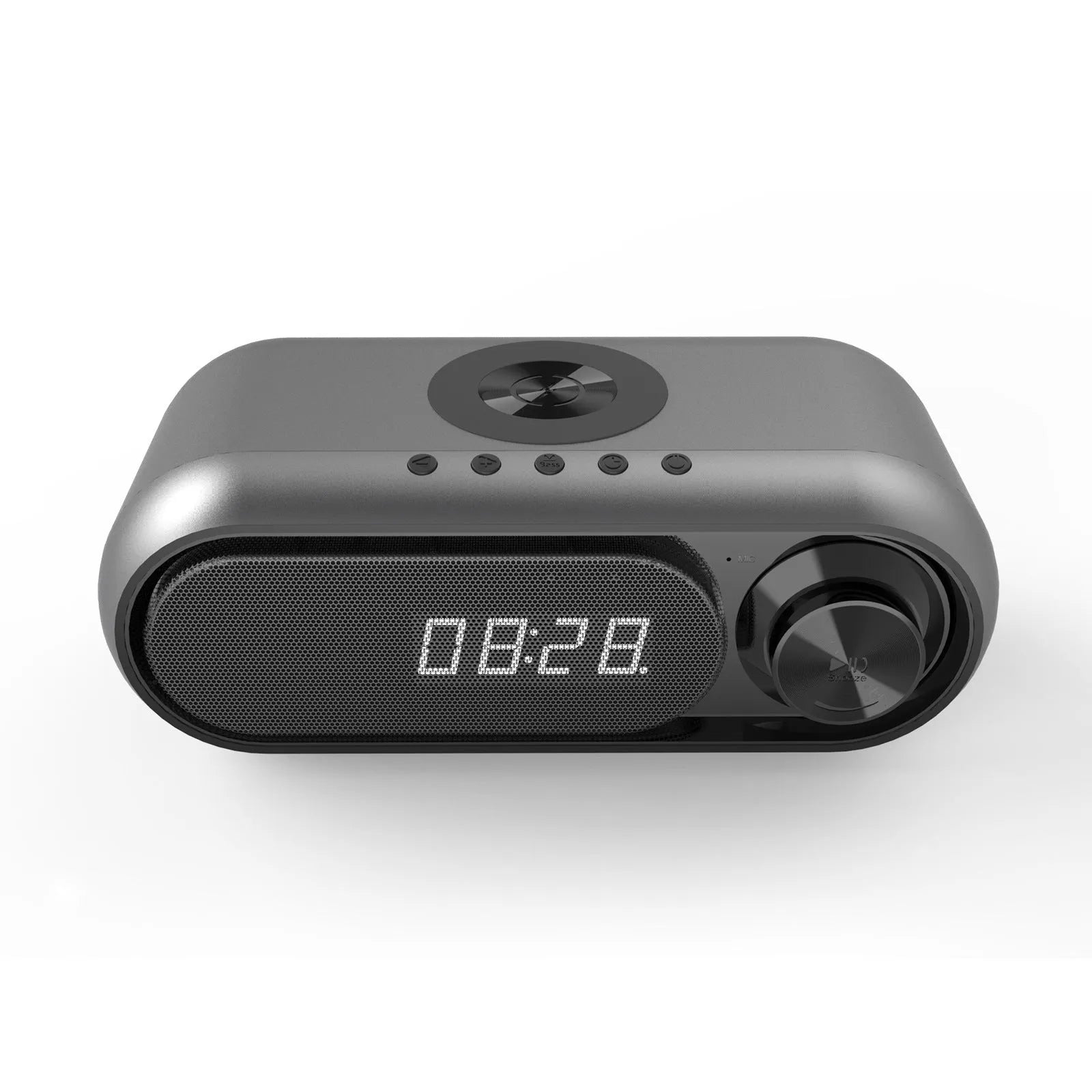 Space Grey wireless charging Bluetooth alarm clock speaker with LED display on a bedside table.