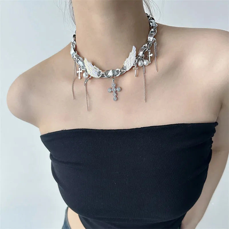 Silver zinc alloy star wings cross necklace on a clavicle chain with electroplated finish
