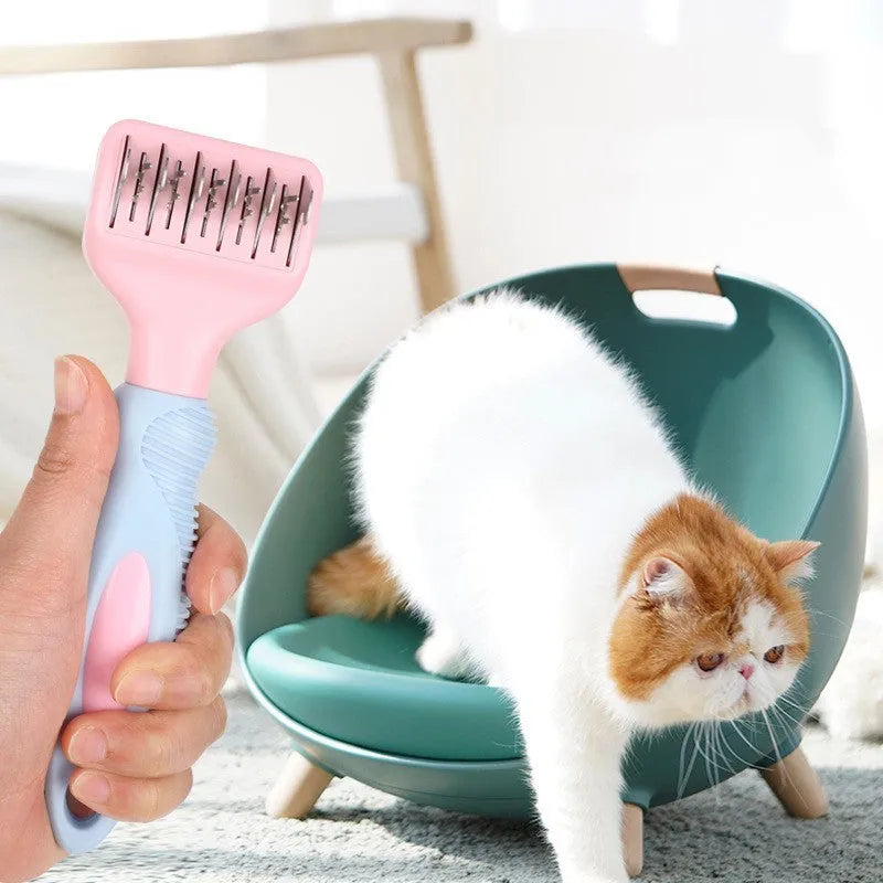 Stainless steel pet grooming comb with rubber massage tips in pink or purple colour