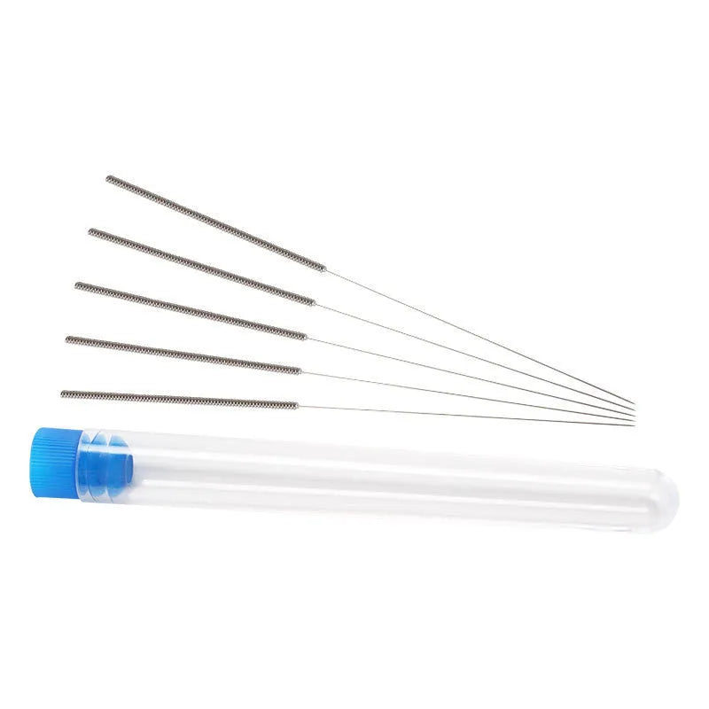 Set of ten metal cleaning needles for unclogging Mk8 and E3D 3D printer nozzles, showing different diameters.