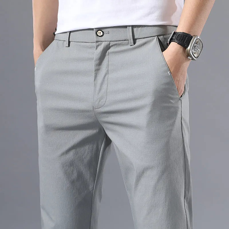 Men's straight-leg summer trousers in Light Grey, mid-waist cotton ice silk casual pants