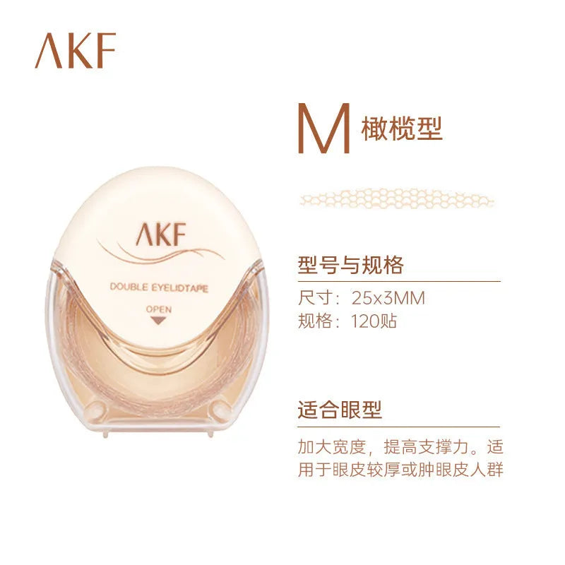 Roll of transparent lace double eyelid stickers, 120 pieces, showing Crescent and Olive shape options.