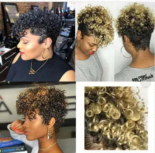 Women's short synthetic wig with curly rolls style in Kanekalon, shown in black.