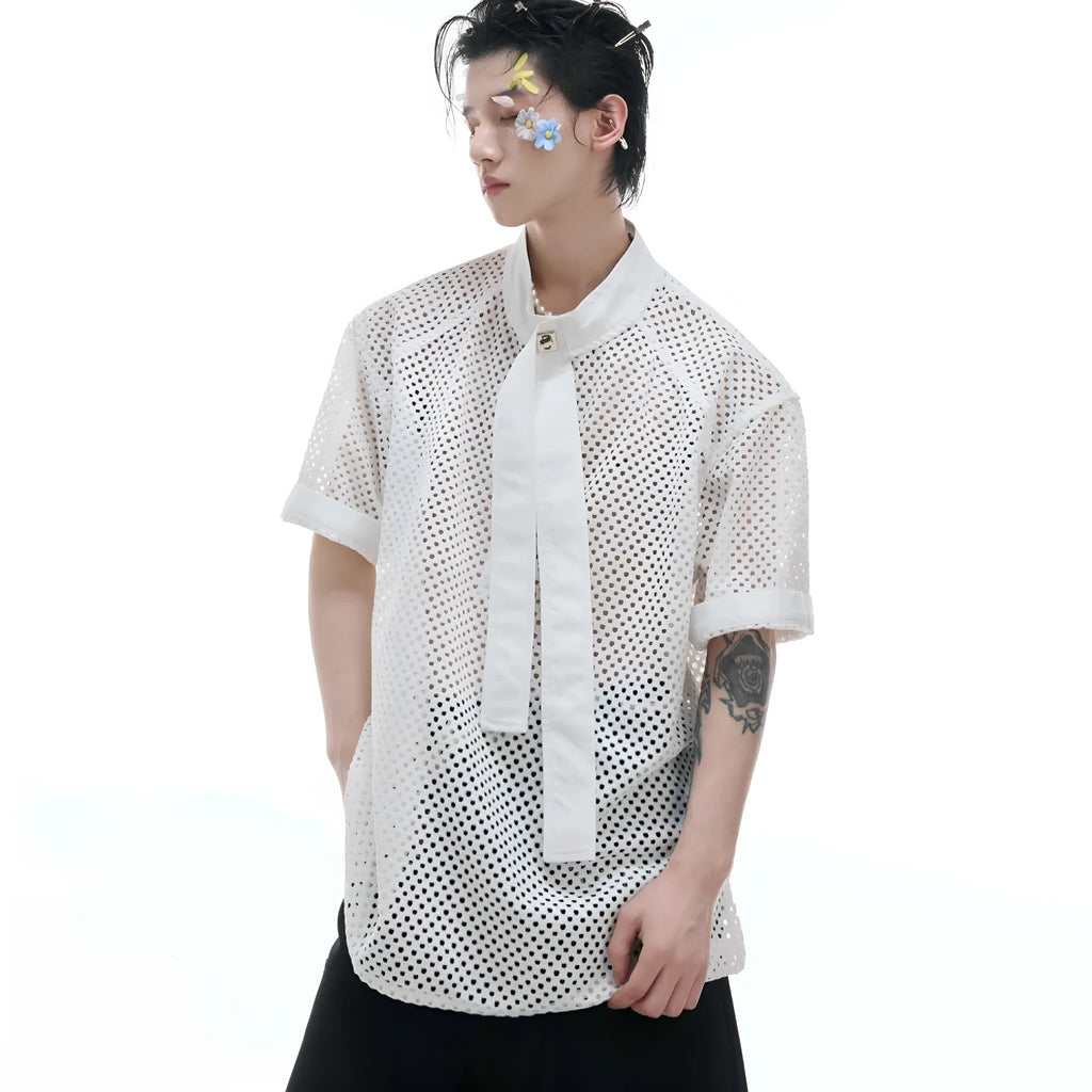 Men's loose short sleeve t-shirt with tie stitching and metal tassel, nylon spandex, black white blue, M L XL