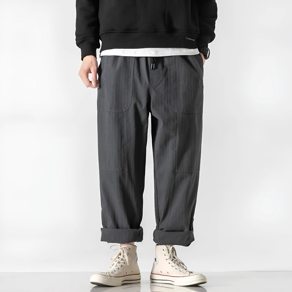 Men's loose straight twill cargo pants in khaki and gray, drawstring waist, patchwork detailing, Japanese workwear style