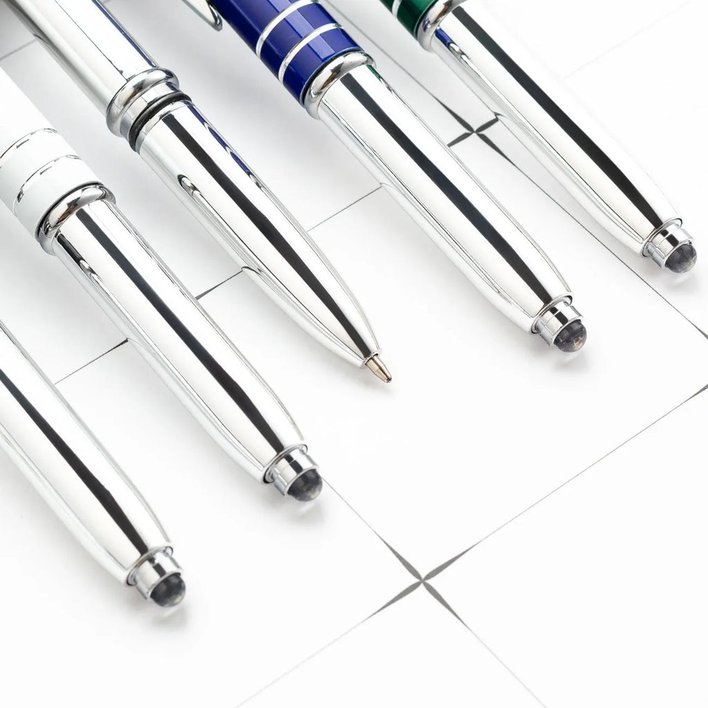 Metal multifunctional pen with capacitive stylus tip, ballpoint pen and LED light in five colour options