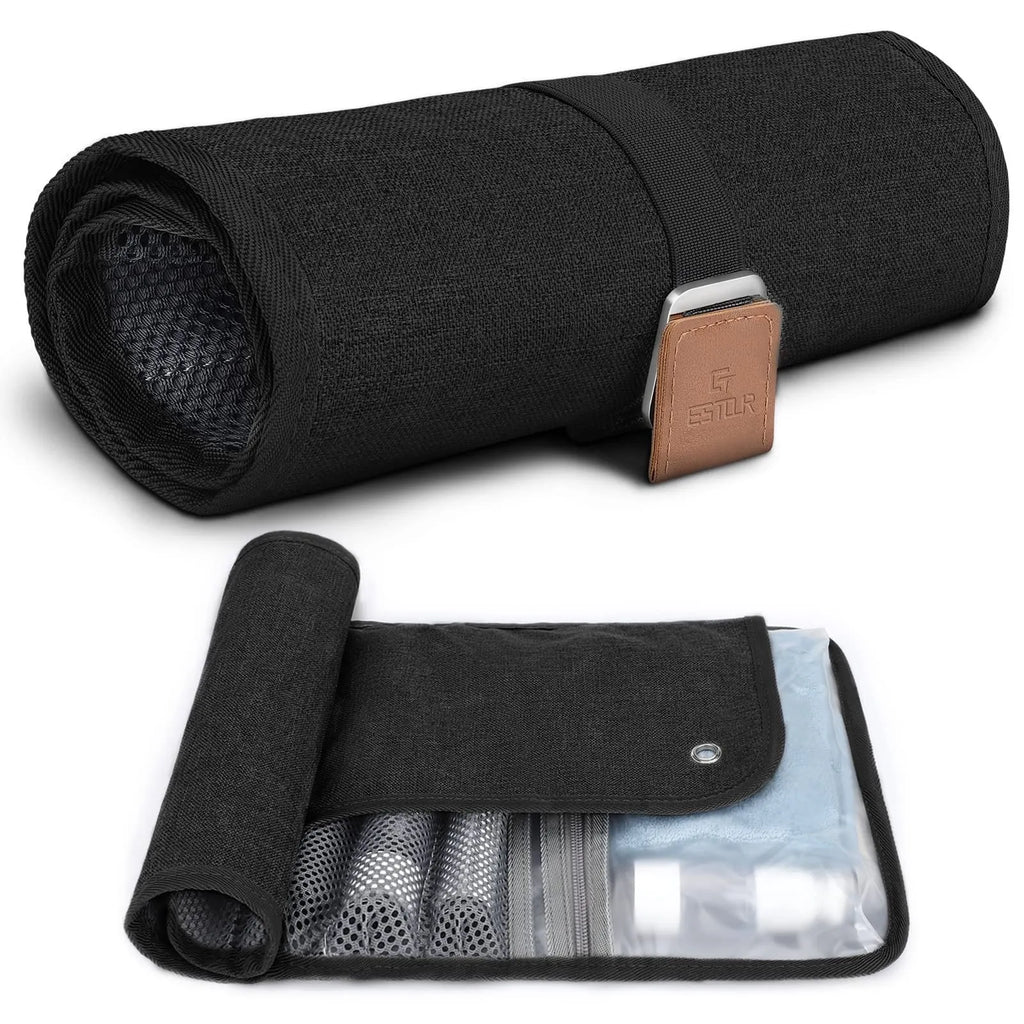 Men's black reel wash bag with zip closure for travel toiletries storage