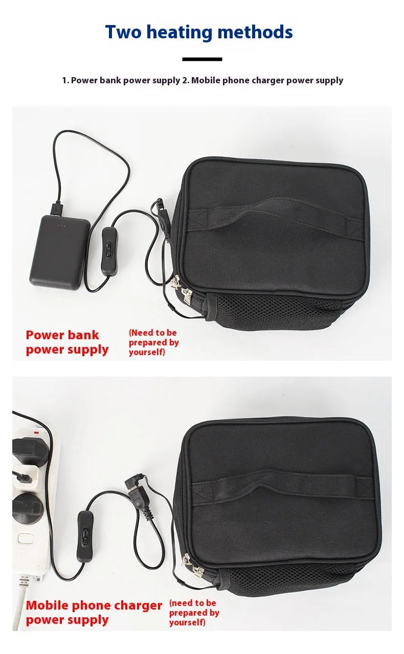 Black USB heating thermal lunch bag with Oxford cloth material and car power adapter