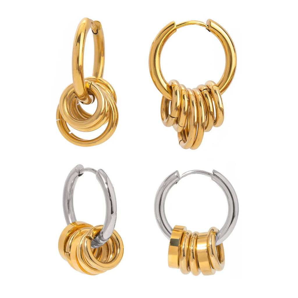 A pair of stainless steel ins style earrings with an electroplated silver or gold tone finish.