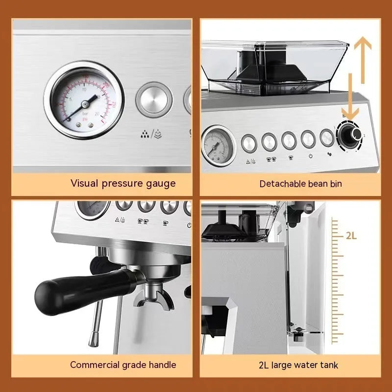 Fully automatic Italian coffee machine in Silver Gray, 320 x 320 x 400mm, with 2L water tank and 20Bar pressure