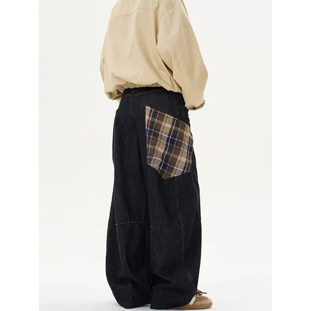 Cotton loose straight-leg trousers in plaid pattern showing mid waist and casual styling