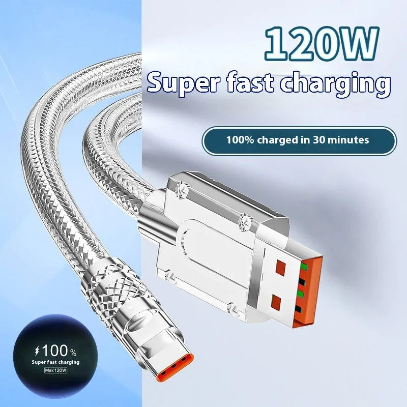 Silver grey woven USB C charging cable with Type-C connector, 6A fast charge, 1m or 1.5m length
