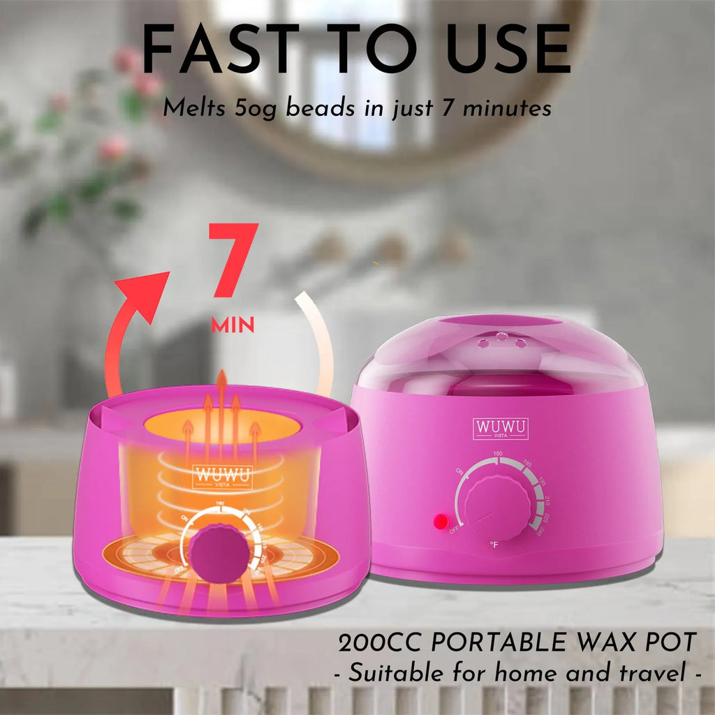 WUWUVISTA 63-piece waxing kit with pink wax warmer, wax beads, lotion, and applicator sticks on a table