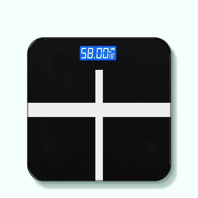 USB rechargeable electronic body weight scale in cross black, rose red, or white.