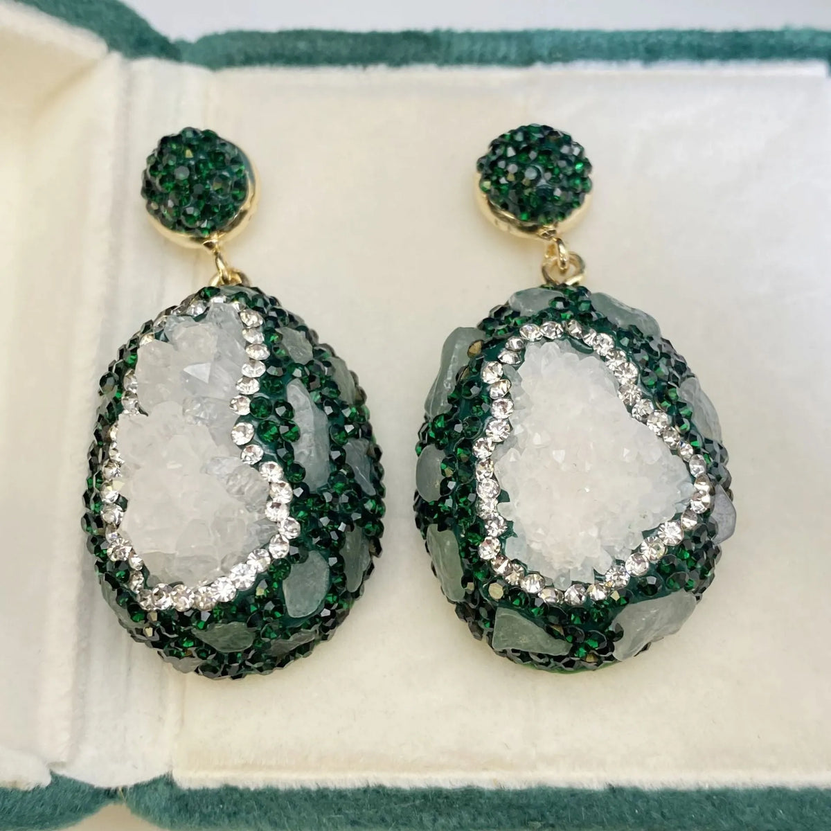Pair of dark green geometric copper crystal bud inlaid emerald earrings