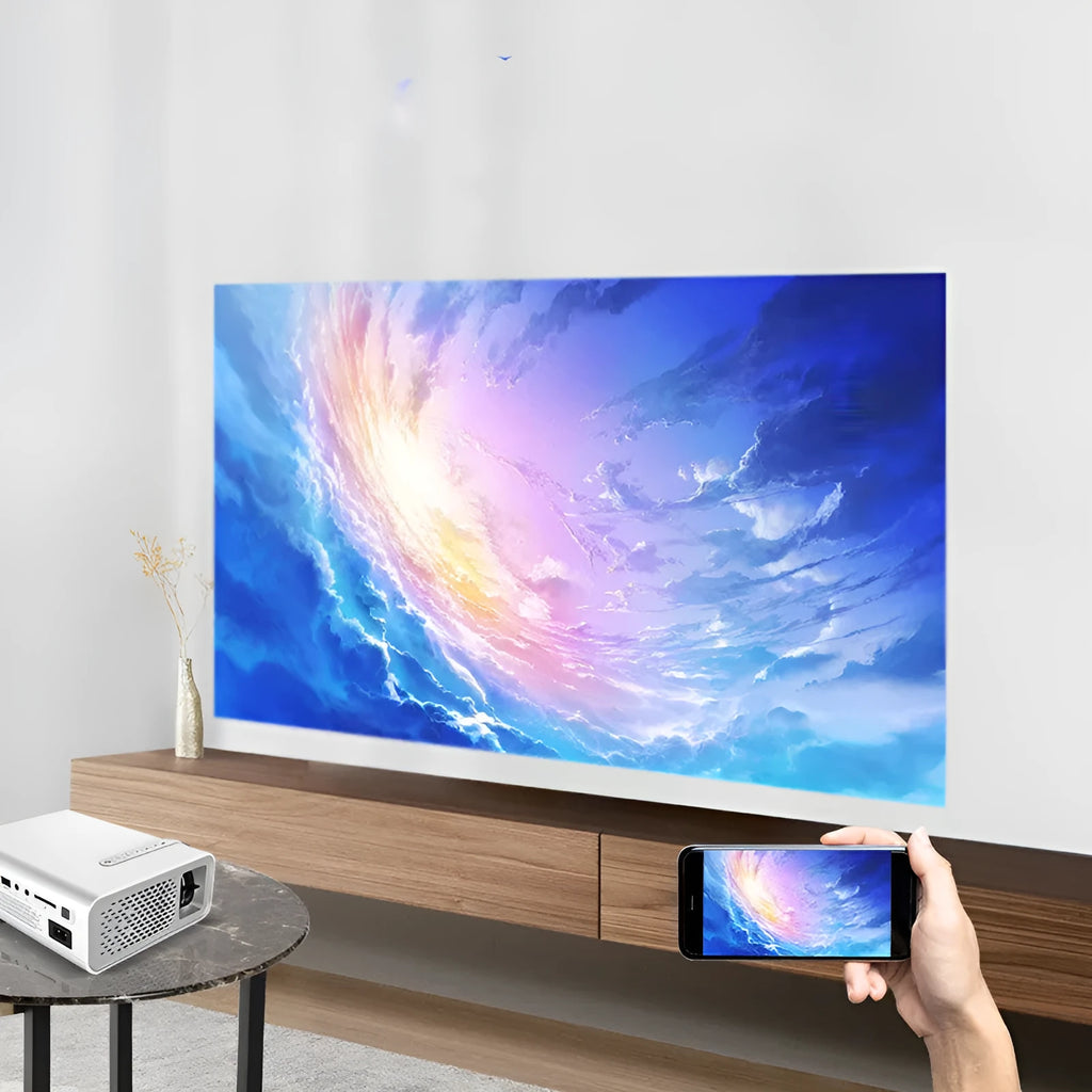 YG530 mini mobile phone projector in black or white with wireless connectivity and international plug adaptors