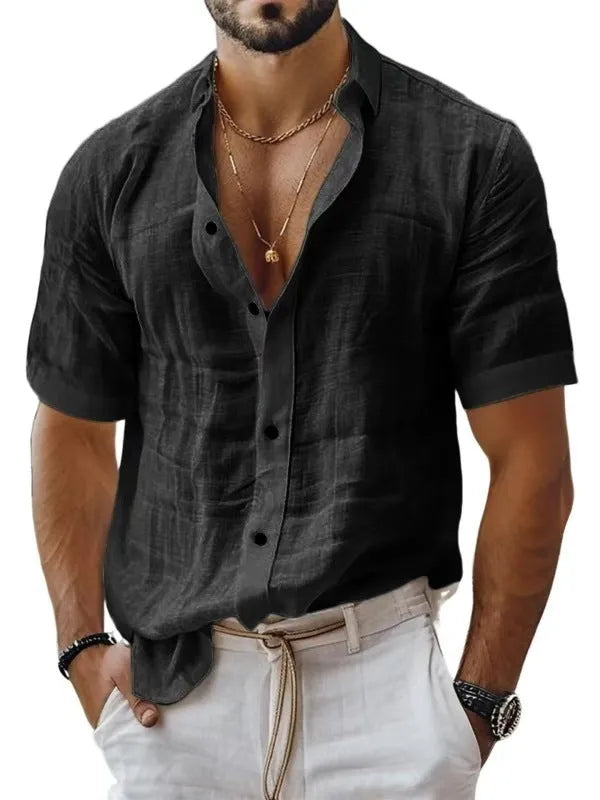Men's short sleeve lapel shirt in blended cotton linen fabric shown in solid colour options