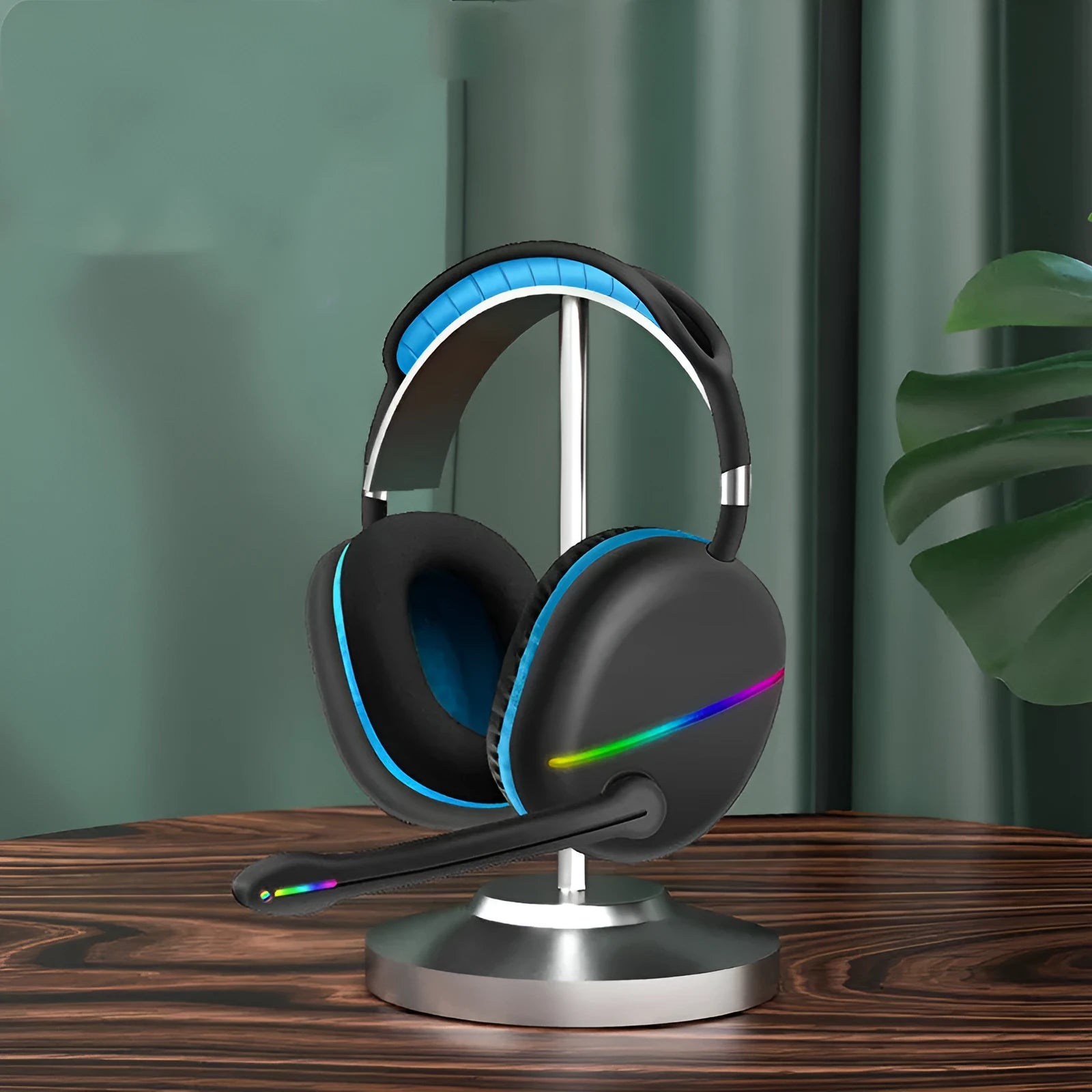 Blue wireless Bluetooth gaming headset with illuminated RGB lights on the earcups