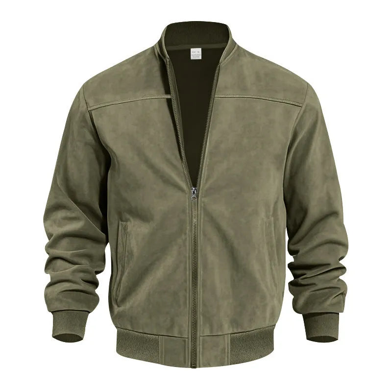 Men's plus size casual suede jacket in polyester with cotton lining and zipper closure