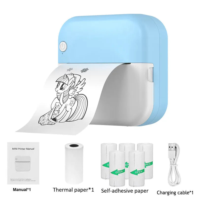 Student mini thermal label printer with USB cable and printing paper, 12x9x4.6cm compact size