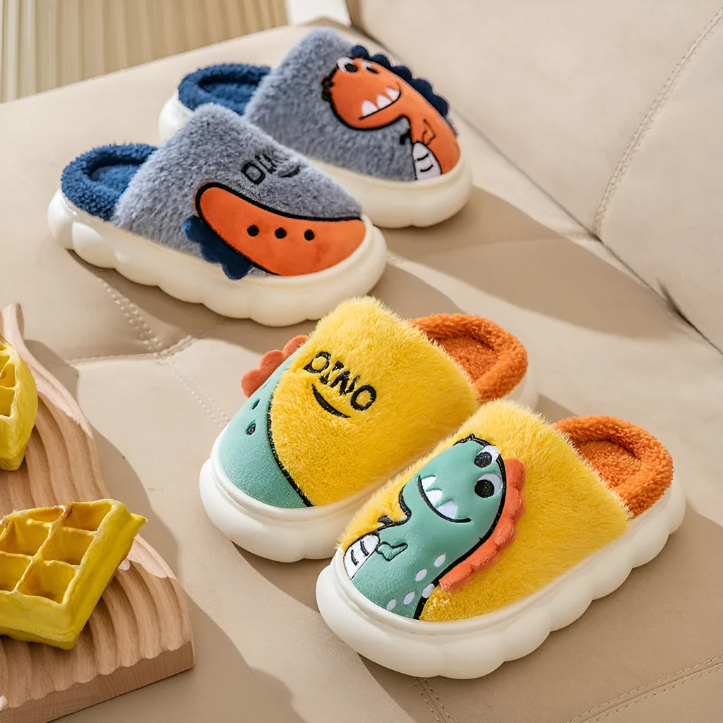 A pair of plush cotton slippers for couples in a dinosaur theme, showing the thickened sole.