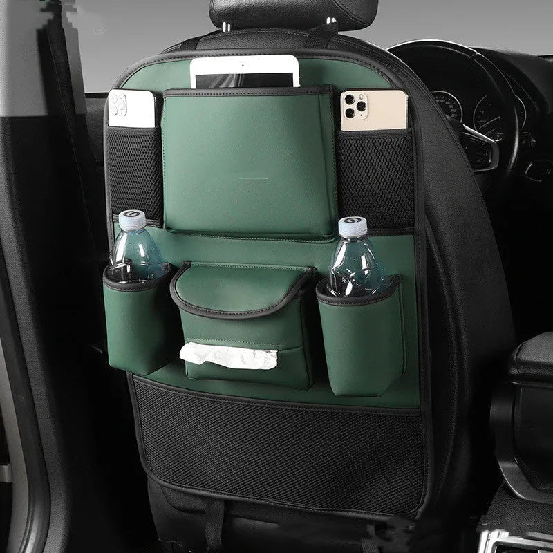 Leather car seat back storage bag shown in available colours: black, grey, green, and brown.