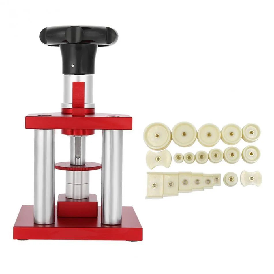 Watch repair spiral presser tool with a set of 20 coloured plastic moulds for watch back covers.