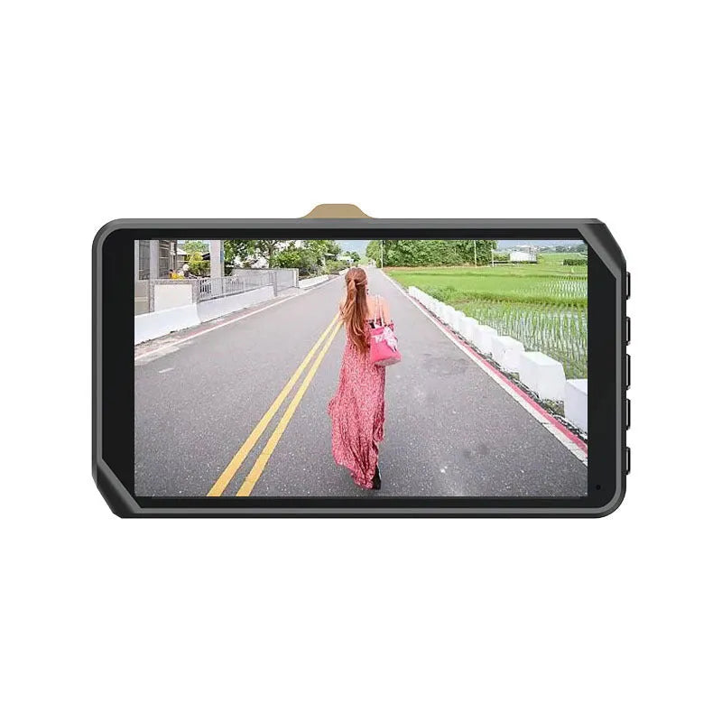 4-inch front and rear dual lens dashcam with touch screen display mounted in vehicle